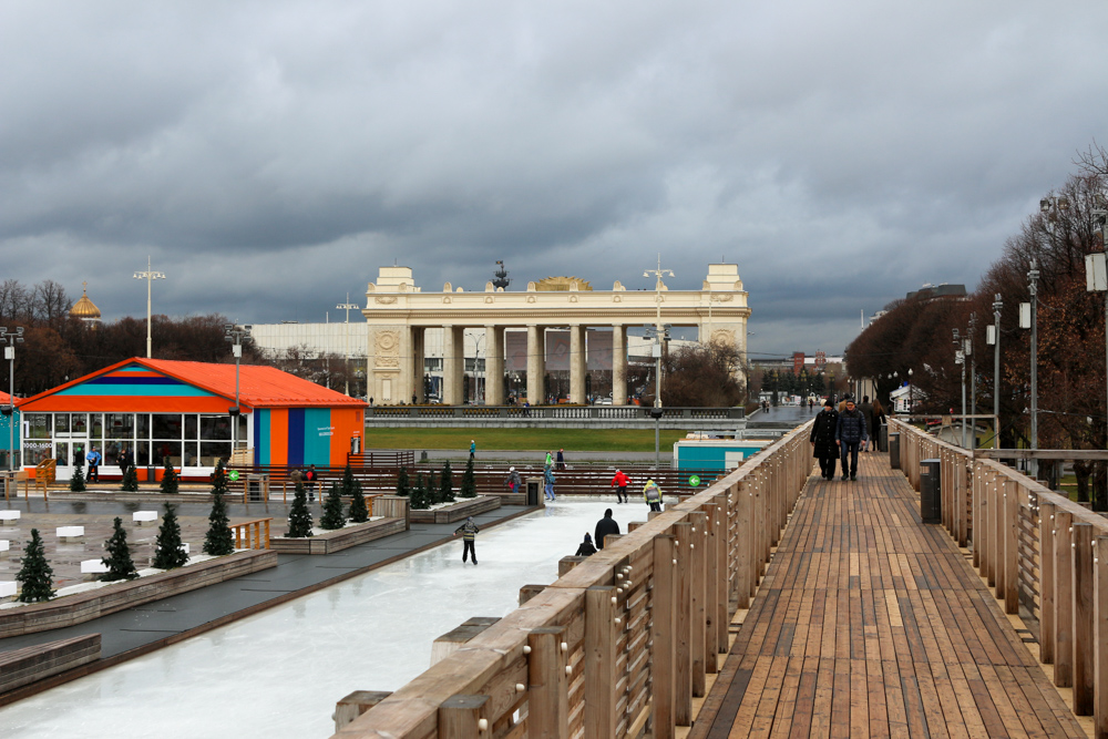 Normal walkways of the Gorky Park are transformed into an ice rink in the winter