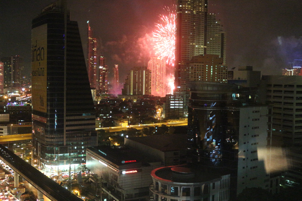 Fireworks above the Shangri-La Bangkok hotel complex on New Year's Eve of 2016