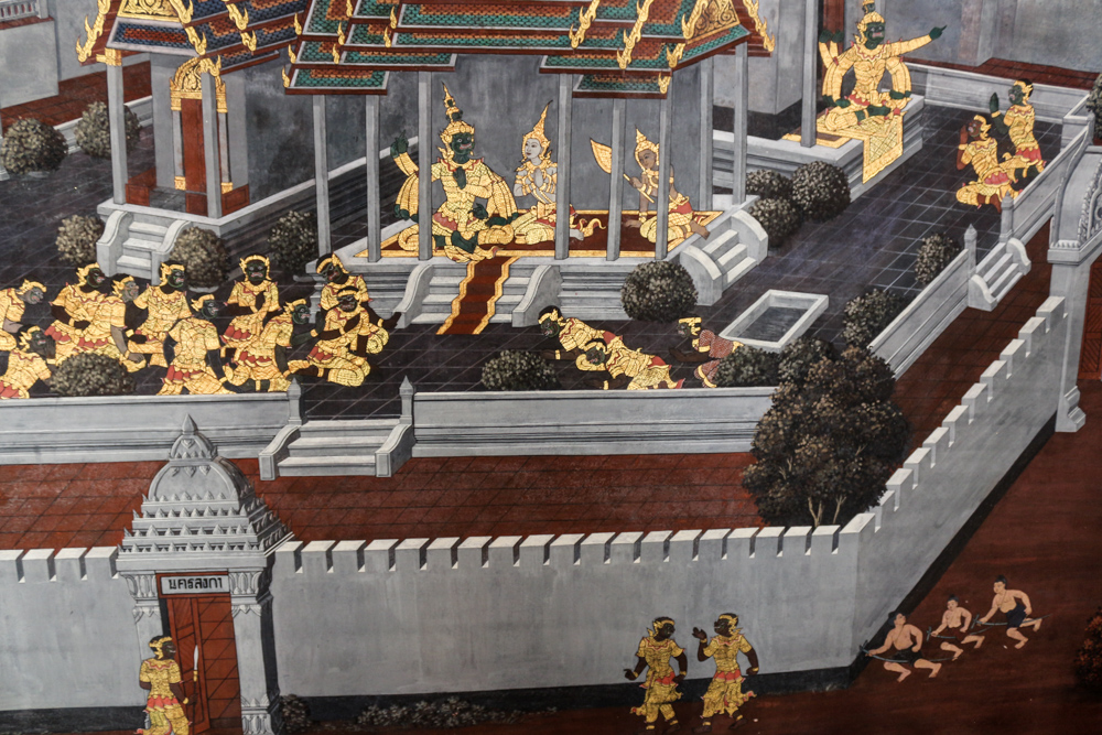 The entire complex, including the temples, is bounded by a compound wall which is one of the most prominent part of the wat is about 2 kilometres (6,600 ft) length. The compound walls are decorated with typically Thai murals, based on the Indian epic Ramayana.