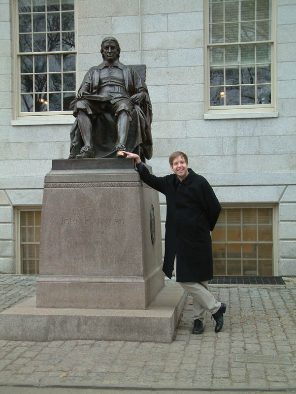 Typical photo on the campus of Harvard University. Everyone has to touch the left foot of John Harvard. Actually I do not why - but it is obviously important.
