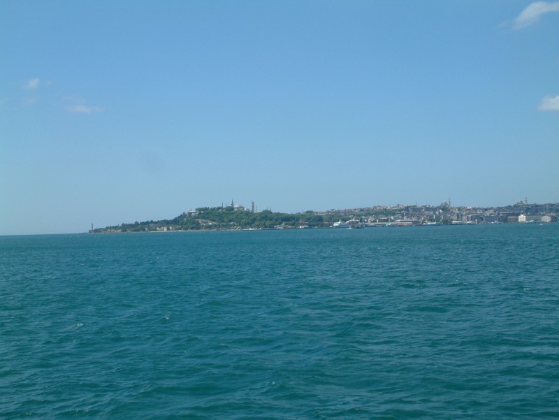 View from the& Bosporus up to the Golden Horn with the Topkapi Palace on the left