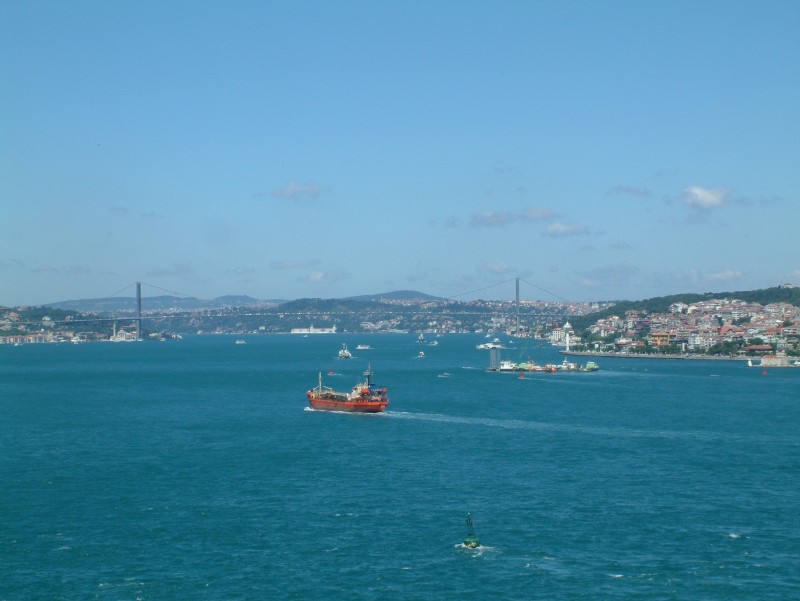 View from the Topkapi Palace over the Bosporus. You can see the  First Bosphorus Bridge spanning over strait.