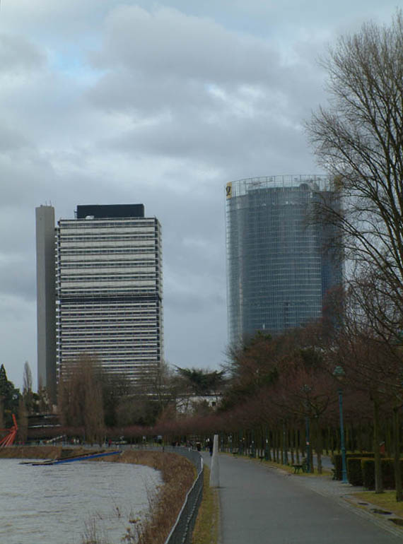 The two largest office towers in Bonn: On the left the former office tower for the members of parliament (Bundestag). On the right the "Post Tower", headquarter of Deutsche Post.