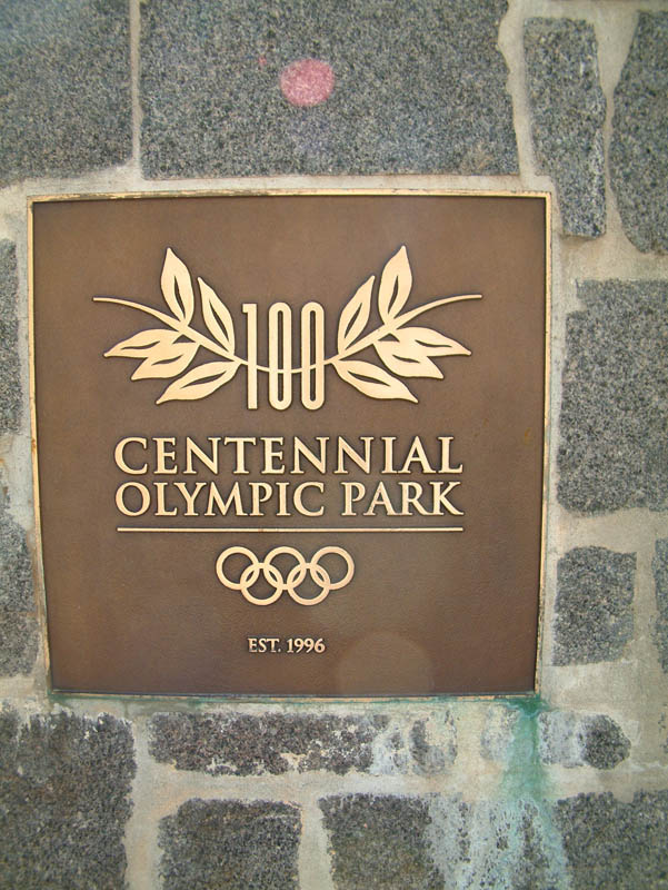 Plate at the entrance of Centennial Olympic Park commemorating its opening in 1996