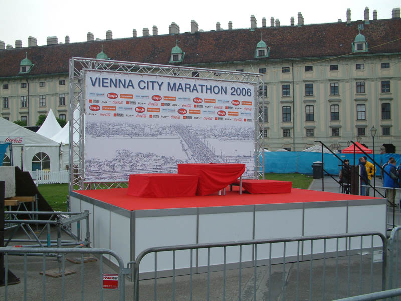 On the day before the Vienna City Marathon 2006 final preparations are done at the finish in front of the Imperial Palace Hofburg