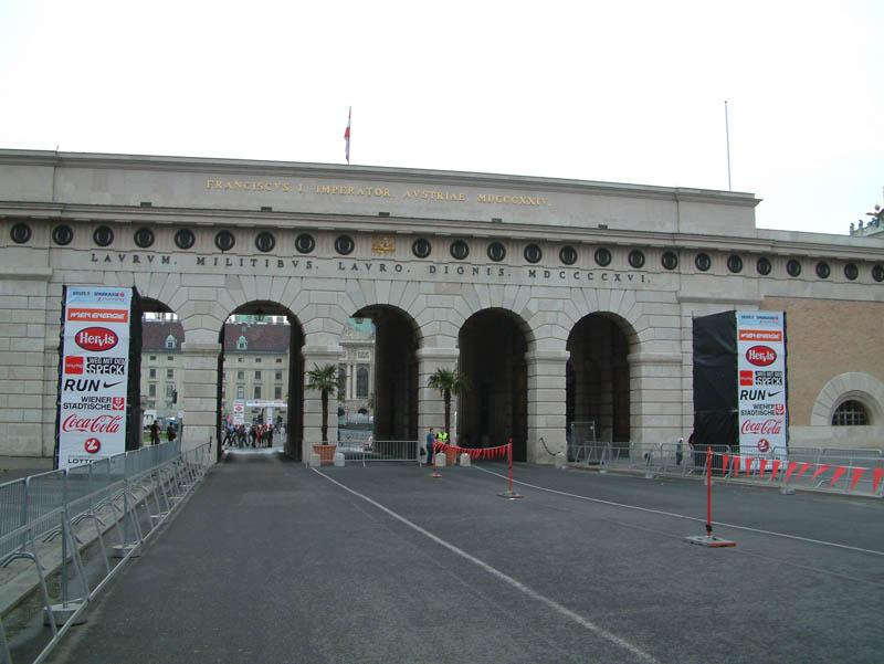 On the day before the Vienna City Marathon 2006 final preparations are done at the finish in front of the Imperial Palace Hofburg