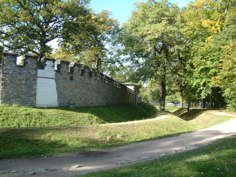 Verteidigungsanlagen der Saalburg. In der linken Hälfte des Bildes ist ein verputzter Teil der Mauer zu sehen. Dieser stellt eine mögliche Rekonstruktion der ursprünglichen Gestaltung des Forts dar. Im Hintergrund ist ein weiteres der vier Tore zu sehen (porta principails sinistra).