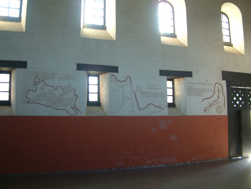 Maps of the Roman Empire and plans of the defenses (the so called Limes) along the border line to the Germanic territory&  are shown on the walls of the Principa vestibule.