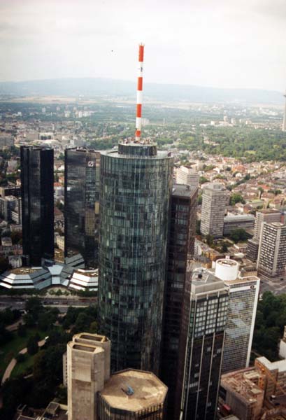 View from the top of the Commerzbank Tower:You can see the Main Tower and other skyscrapers around it.  On the left you can see the two towers of the Deutsche Bank headquarters.