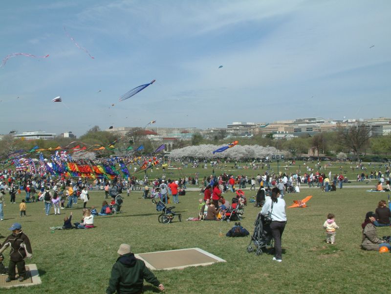 Many people gathered around the Washington Monument during the 41st Smithsonian Kite Festival