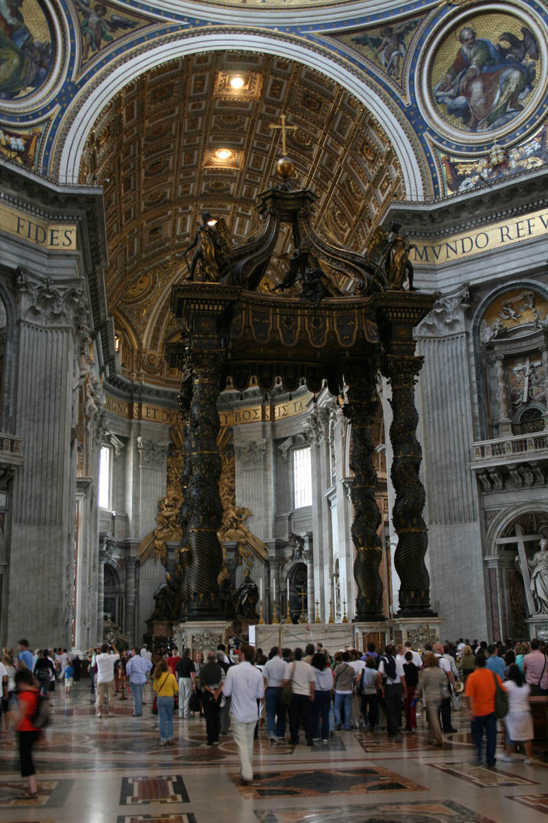 Over the main altar of St. Peter's Basilica stands a 30 metres (98 ft) tall baldachin held by four immense pillars, all designed by Bernini between 1624 and 1632. The baldachin was built to fill the space beneath the cupola, and it is said that the bronze used to make it was taken from the Pantheon.