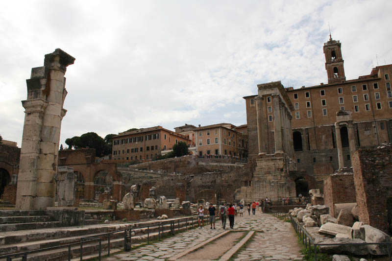 View from Forum Romanum up to Capitol Hill. On the left side you can see ruins of the Basilica Julia. On the middle you see some columns of the Saturn Temple.