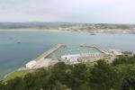 View from the top of St Michael's Mount down to island harbor and the bay