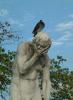Statue in einer Geste der Verzweiflung. Die Taube auf dem Kopf lässt die Skulptur nicht gerade glücklicher aussehen.