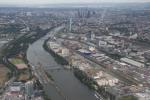 View from a helicopter over Frankfurt: Offenbach locks and Frankfurt harbor. In the background the skyline of Frankfurt.