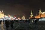 Red square at night with the ice rink and the cathedral under completely dark skies
