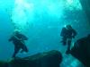 Scuba divers in the Ocean Voyager habitat of the Georgia Aquarium