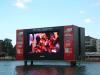 Giant screen (144 sqm) in the middle of the river Main. The artificial island weighs about 160 tons and allows watching the game from both sides of the river.